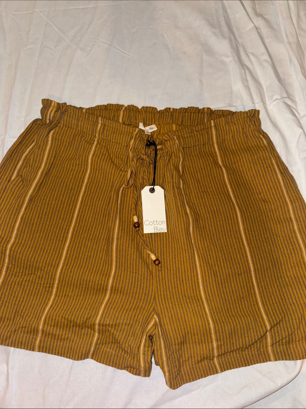 Cotton Bleu Mustard Striped Drawstring Shorts